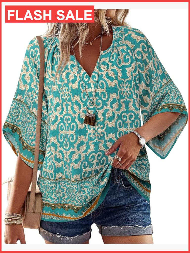 3/4 Sleeve V-Neck Bohemian Tunic Blouse Loose Fit Lightweight Rayon
